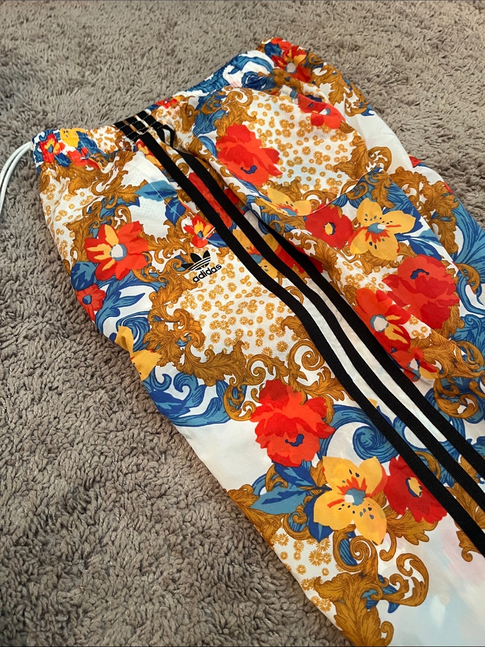 adidas White Track Pants with Red, Blue, Yellow Floral Baroque Print limited edt